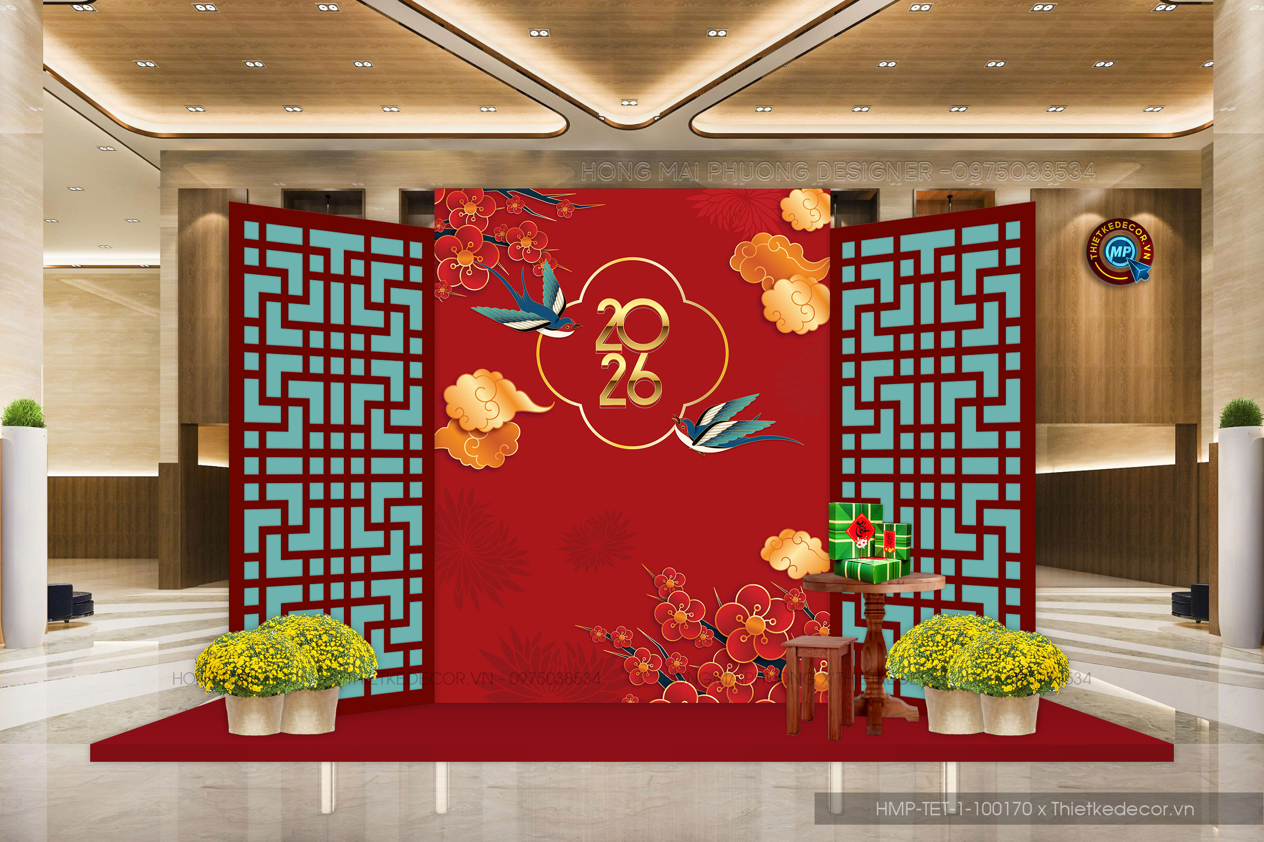 File thiết kế trang trí Tết 2026 Xuân Bính Ngọ decor không gian cho Sảnh chung cư, Nhà hàng, khách sạn, trường học, quán cà phê sang trọng, đẹp mắt.